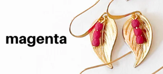 Small Leaf Earrings (Magenta) - The small botanical leaves are adorned with Magenta beads,  1" long golden brass leaves on longish hand-hammered 24K gold plated ear wires, 3mm glass beads and handmade.