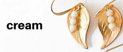 Small Leaf Earrings (cream) - The small botanical leaves are adorned with cream beads,  1" long golden brass leaves on longish hand-hammered 24K gold plated ear wires, 3mm glass beads and handmade.