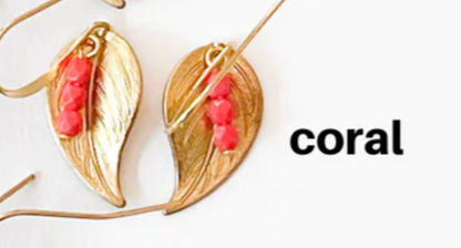 Small Leaf Earrings (coral) - The small botanical leaves are adorned with coral beads,  1" long golden brass leaves on longish hand-hammered 24K gold plated ear wires, 3mm glass beads and handmade.