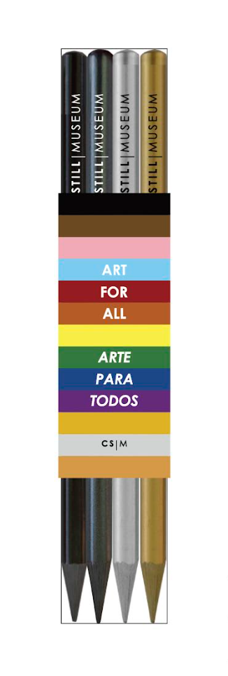Set of four solid-woodless graphite pencils in Silver, Black, Gold, and pure color.  They come in a clear transparent package, wrapped with a rainbow belly band with the slogan “ART FOR ALL; ARTE PARA TODOS”  around the box.