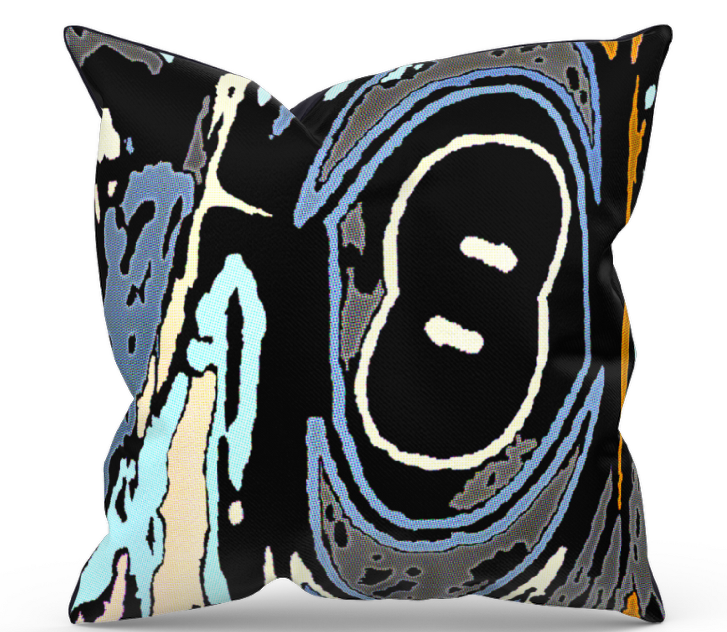 Abstract pillow cover with graphic blue swirls created by Katy Kidd. 