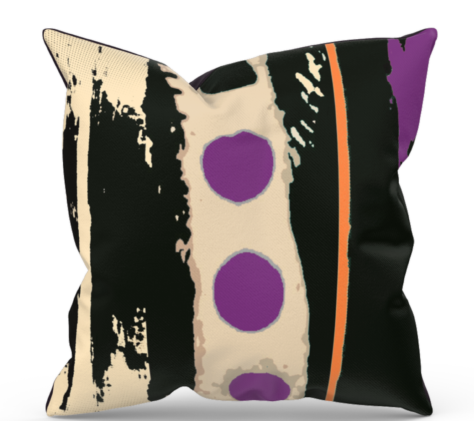 Abstract pillow cover with graphic purple spots and an orange stripe created by Katy Kidd. 