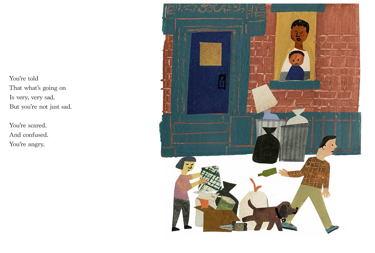 Inside page of “Something, Somewhere”. Painted collage-style illustration of a family taking out the trash in the city.