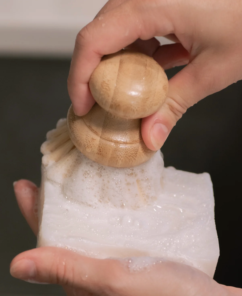 Up close image of hands using brush on sudsy Dish Soap bar