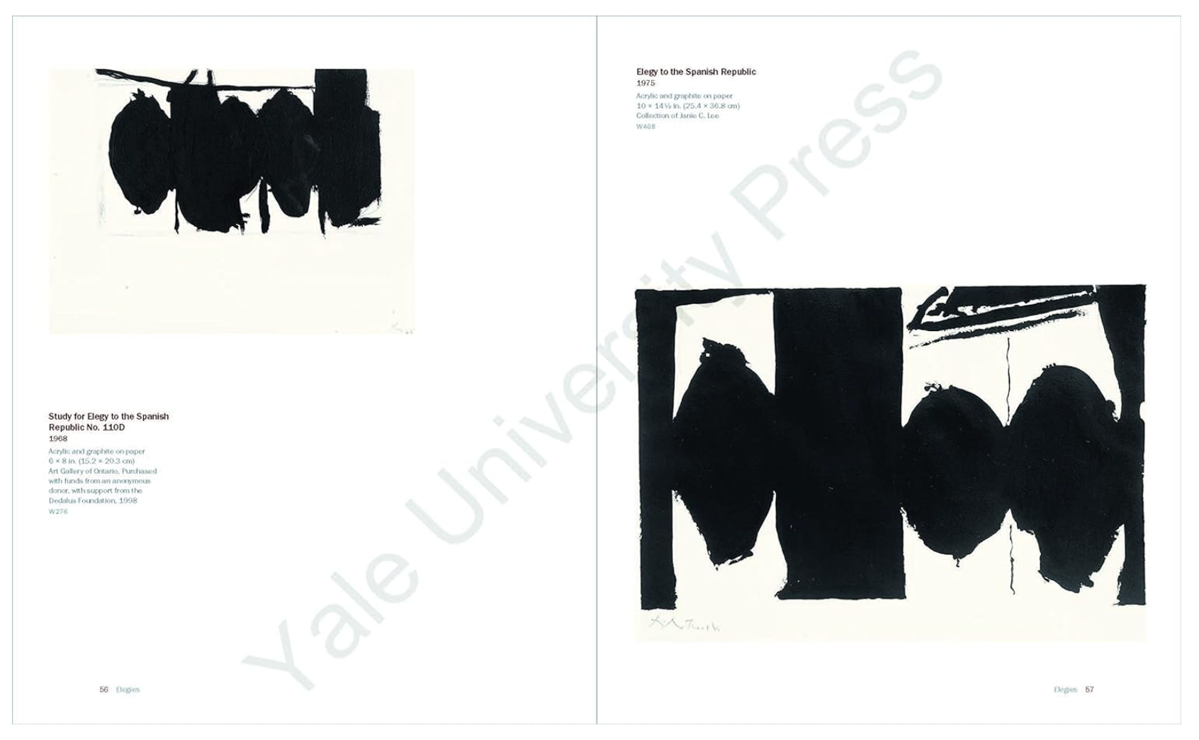 Robert Motherwell Drawing: As Fast as the Mind Itself. Pages 56 and 57 featuring Elegy to the Spanish Rupublic No. 110D