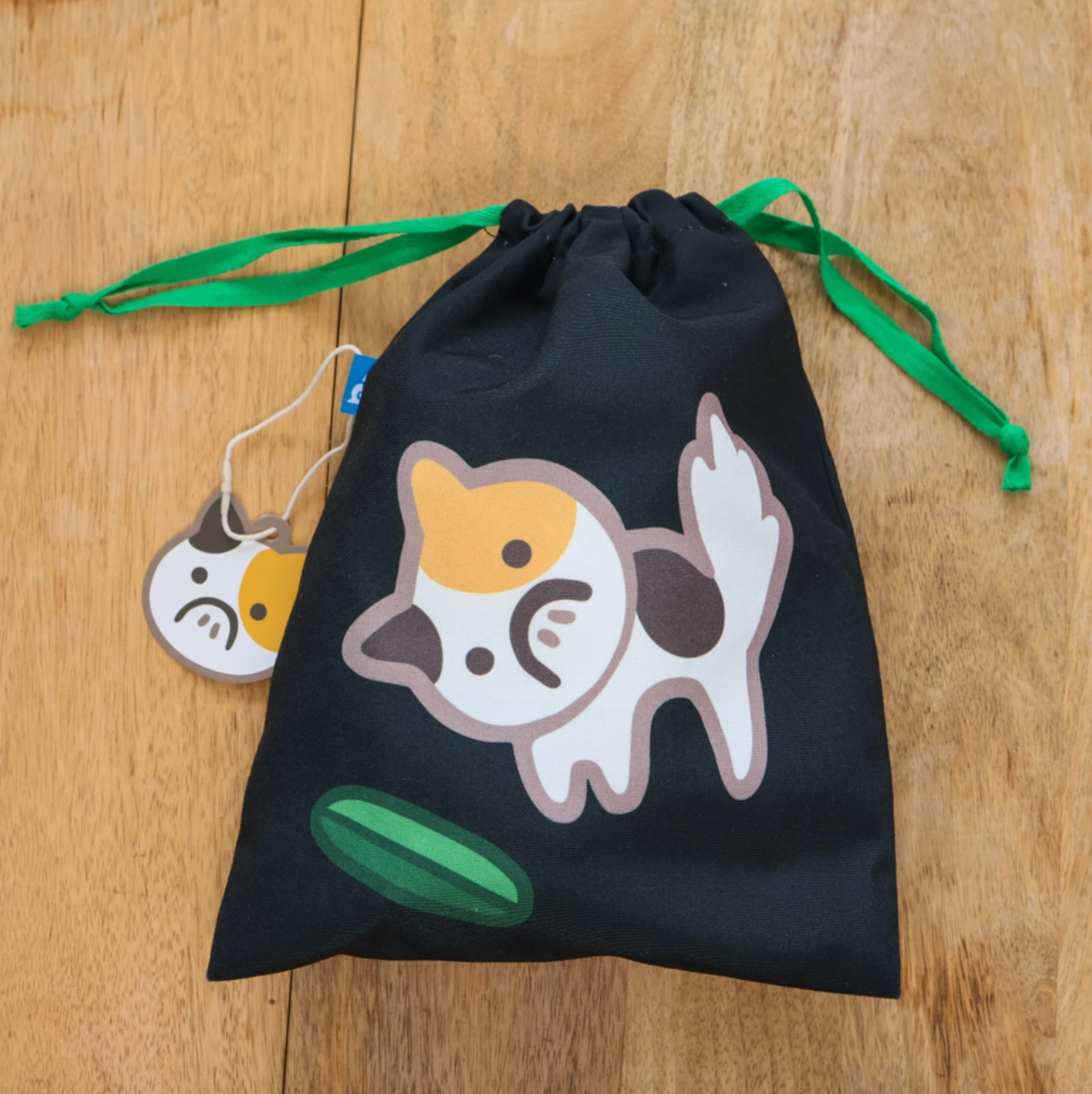 A travel-friendly, cute, versatile drawstring pouch bag with a cucumber cat.