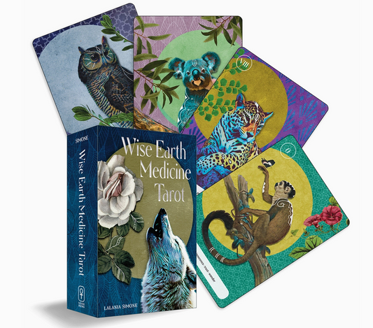 Wise Earth Medicine Tarot cards with colorful designs of animals and nature, including a box 