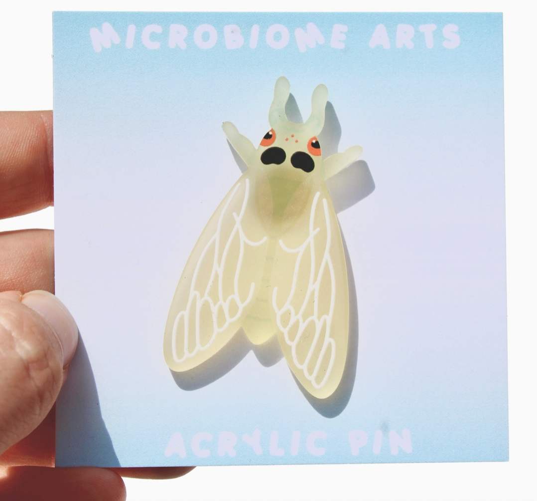 Acrylic pin of a cartoon-like insect held over a card with 'Microbiome Arts' branding.