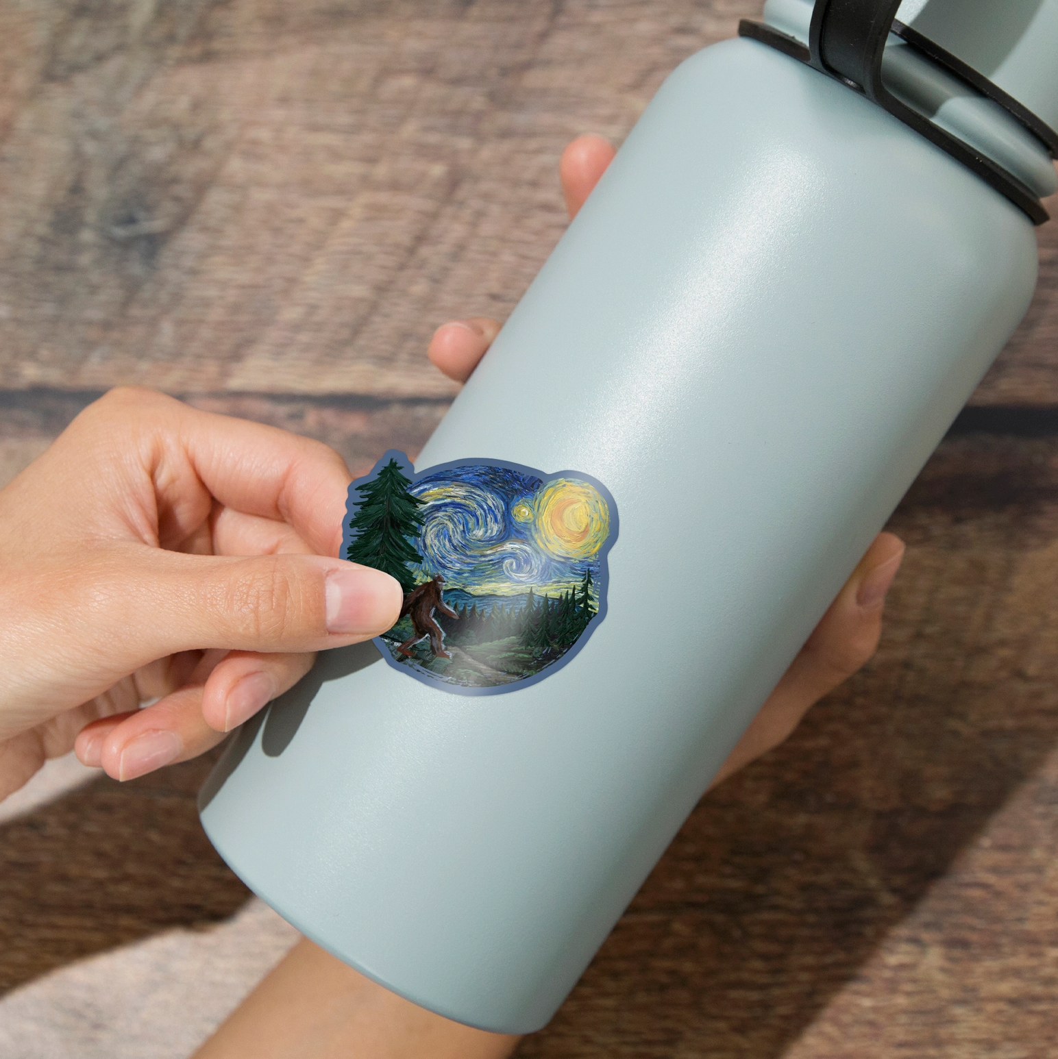 Sticker design of bigfoot walking through a forest with a Starry Night sky