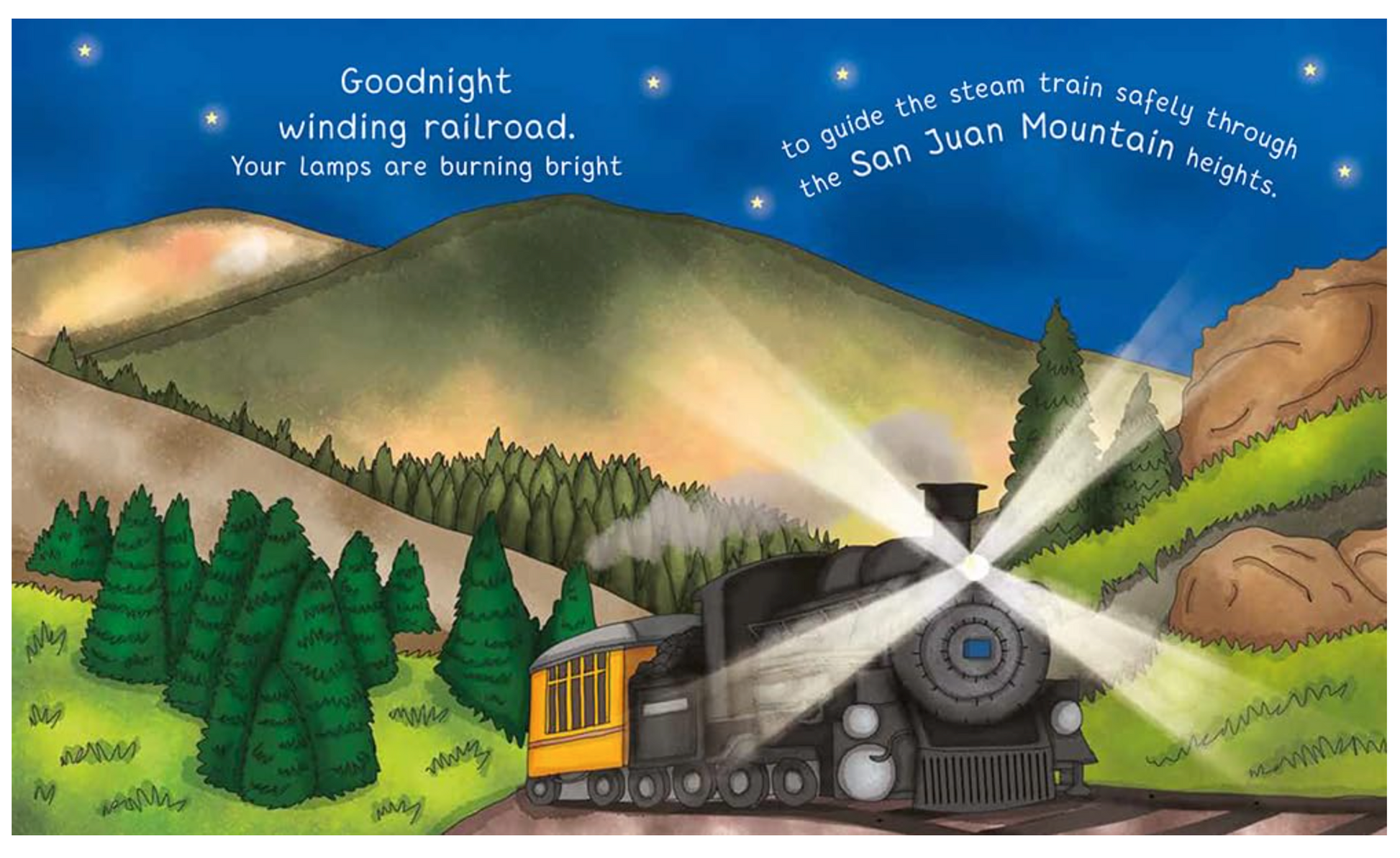 Illustration of a steam train on a mountain landscape with text about a winding railroad.