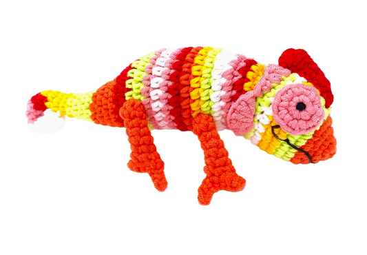 Crocheted animal toy with colorful pattern on a white background