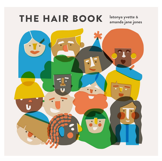 Cover of 'The Hair Book' with illustrated faces of diverse people on a light background.