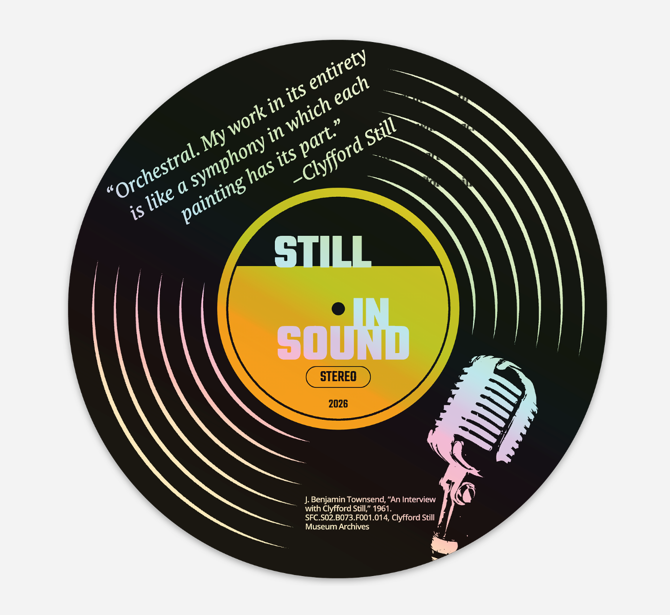 Vinyl record with 'Still In Sound' branding and a microphone illustration on a white background