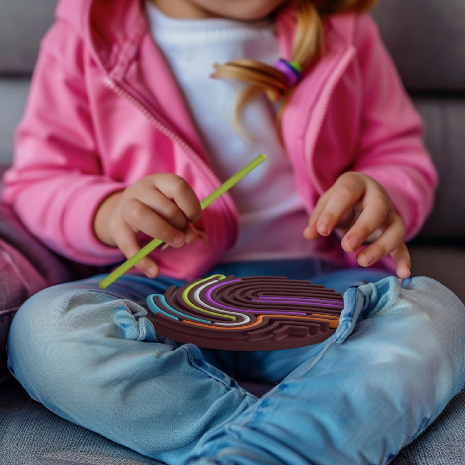 Child playing with a colorful toy on a couch.