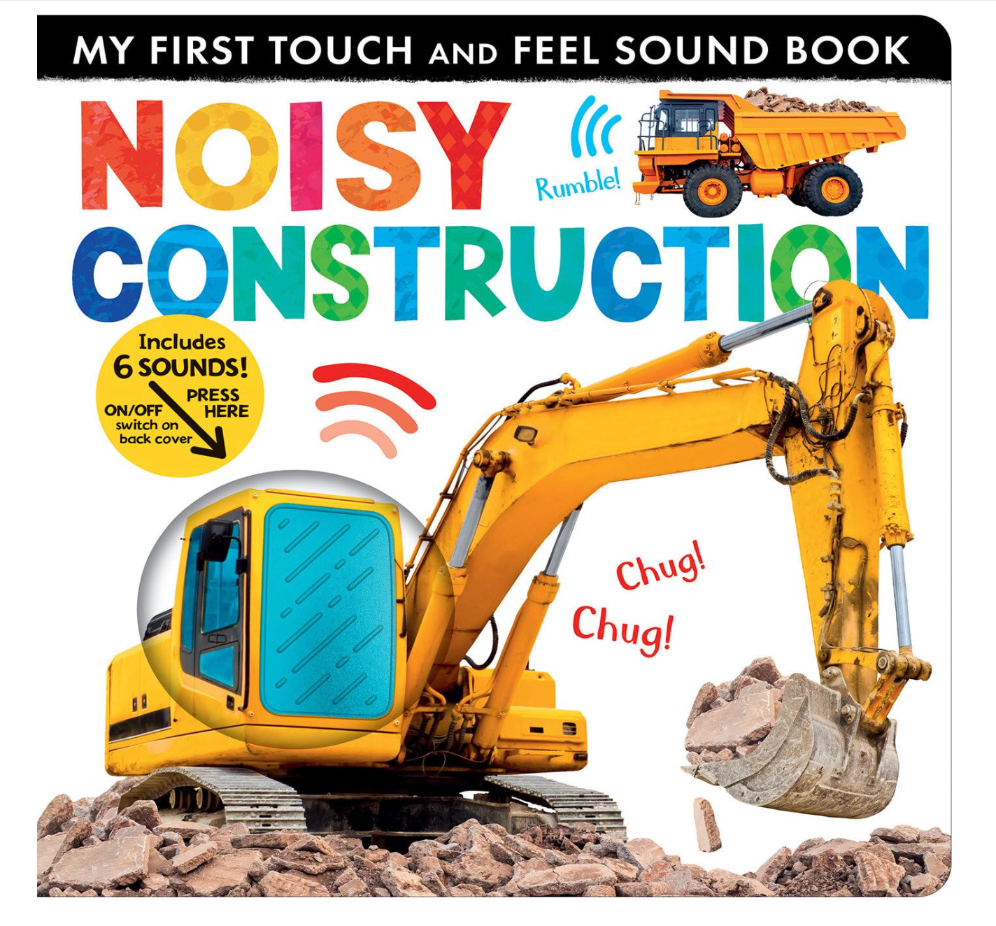 Book cover of 'Noisy Construction' with a yellow excavator and dump truck on a white background.