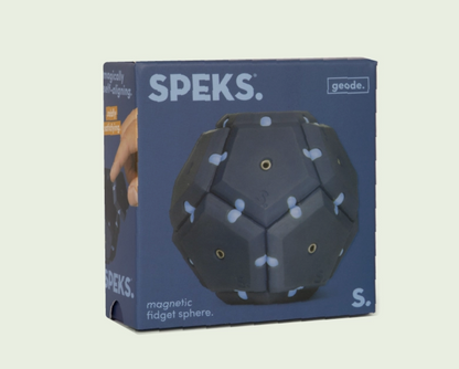 Speks magnetic fidget sphere packaging on a light gray background