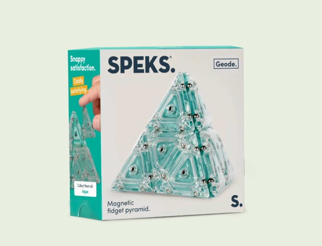 Speks magnetic fidget pyramid packaging on a white background