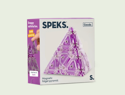 Speks magnetic fidget pyramid packaging on a white background