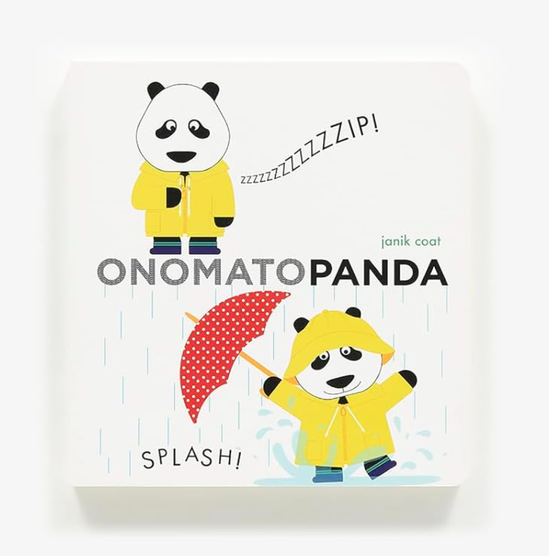 Book cover of 'Onomatopanda' with panda characters in raincoats and an umbrella on a white background.