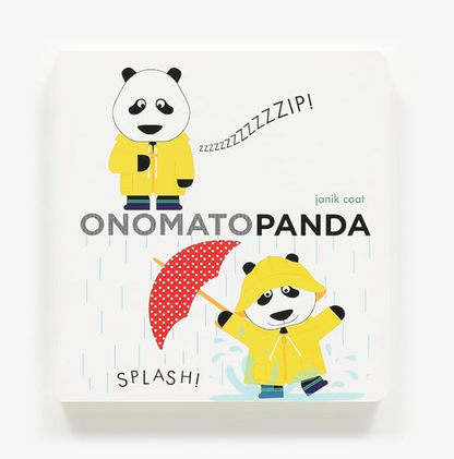 Book cover of 'Onomatopanda' with panda characters in raincoats and an umbrella on a white background.