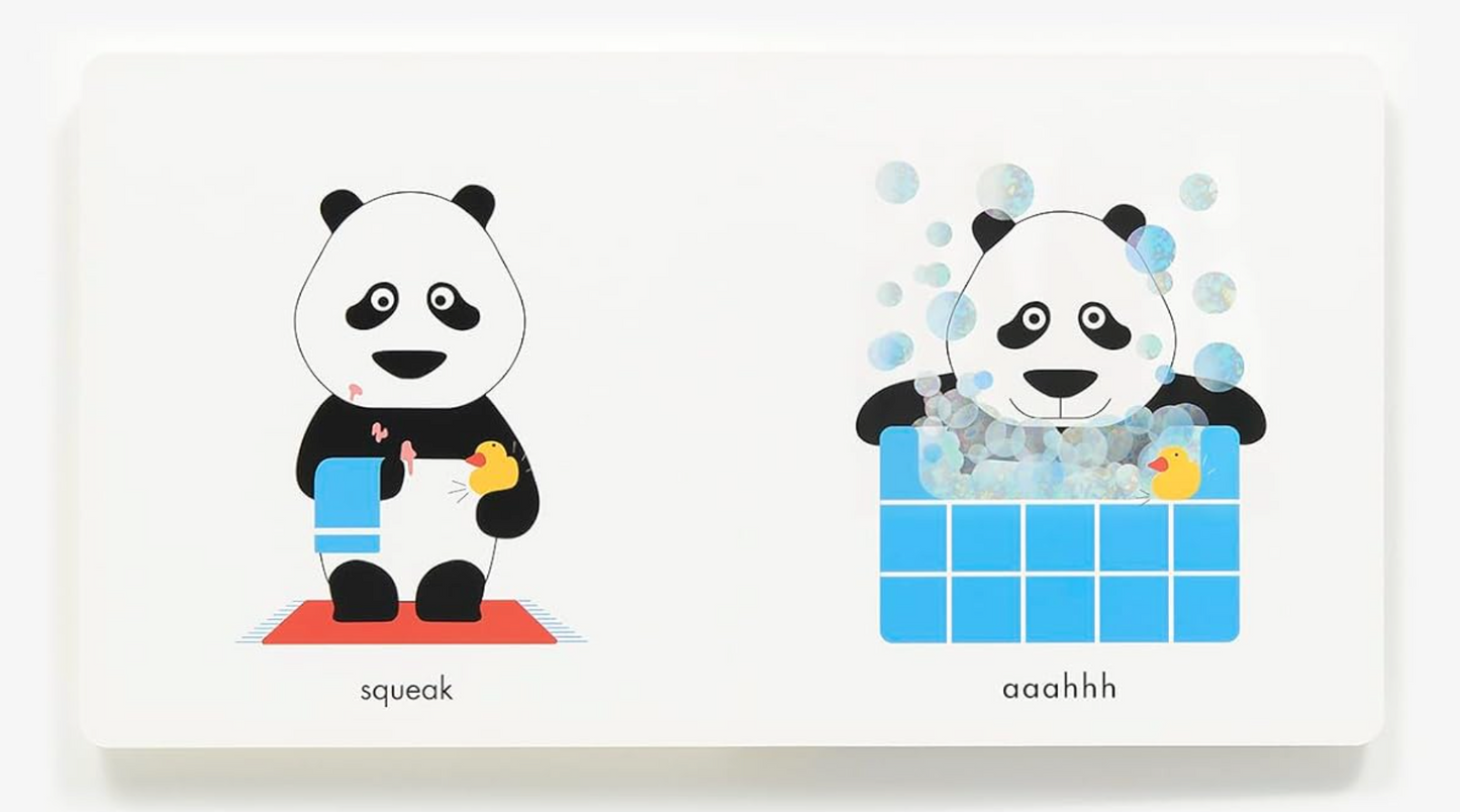 Two illustrations of a panda on a white background with text 'squeak' and 'aaahhh'.