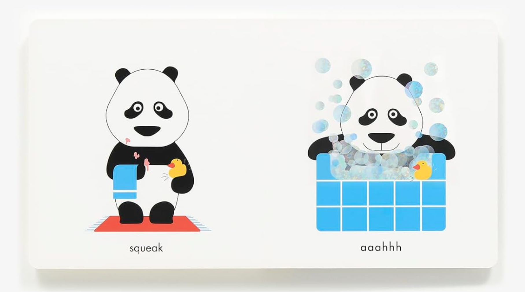 Two illustrations of a panda on a white background with text 'squeak' and 'aaahhh'.