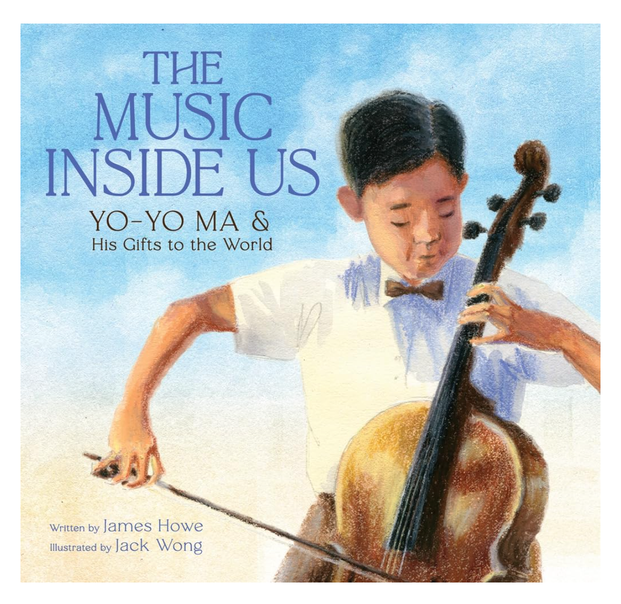 Book cover featuring a young boy playing a cello with a blue sky background