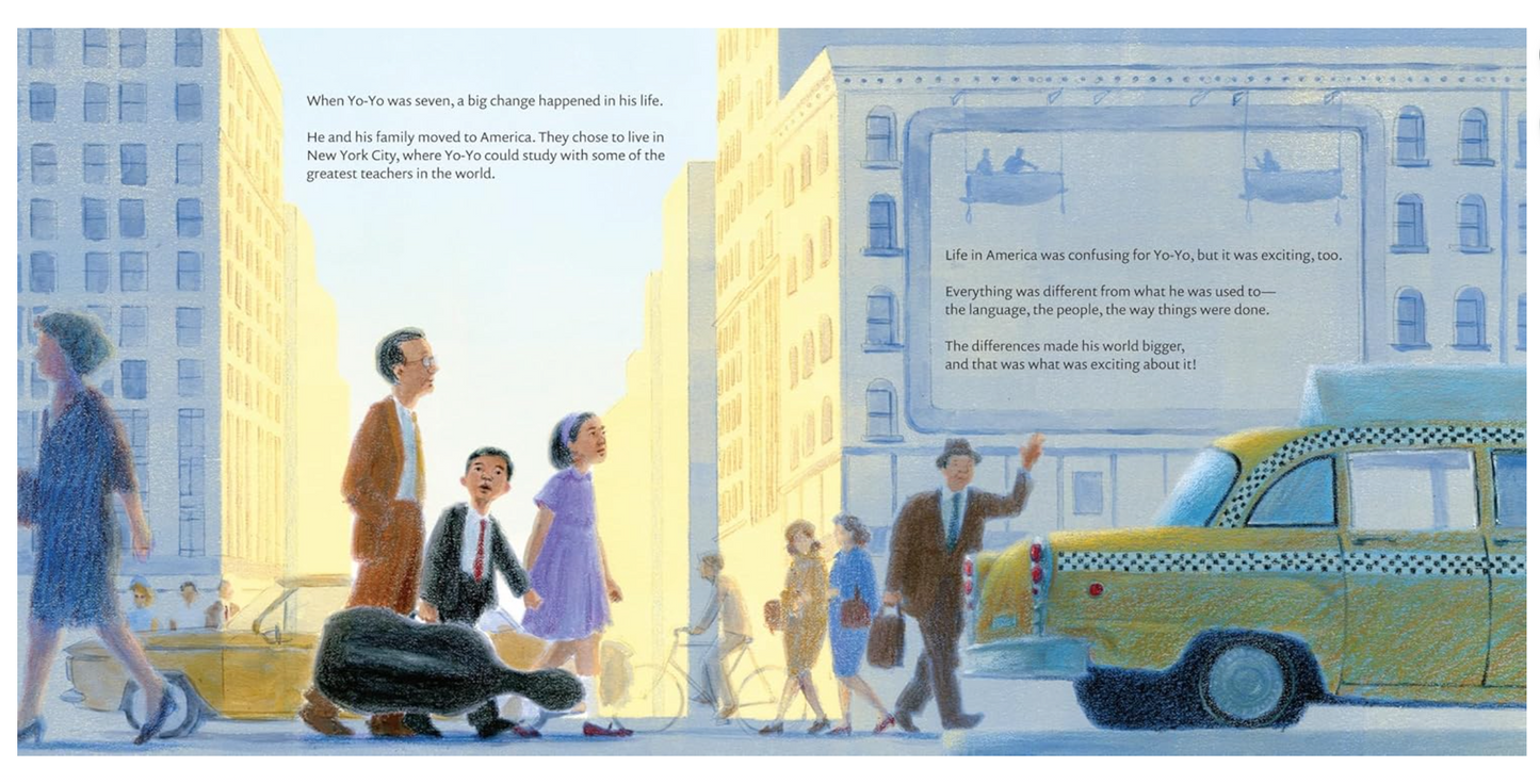 Illustrated book page with people on a city street and a taxi.