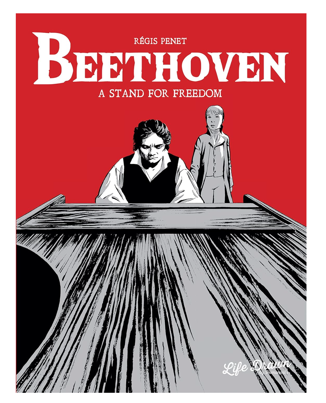 Book cover of 'Beethoven: A Stand for Freedom' with a red background and black and white illustration.