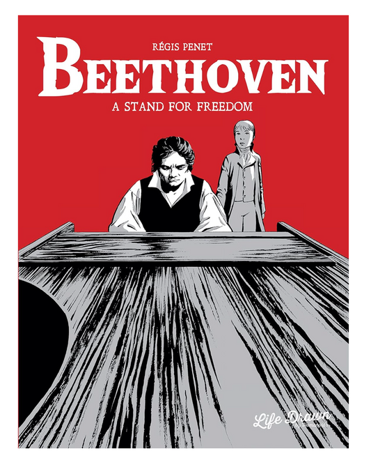 Book cover of 'Beethoven: A Stand for Freedom' with a red background and black and white illustration.