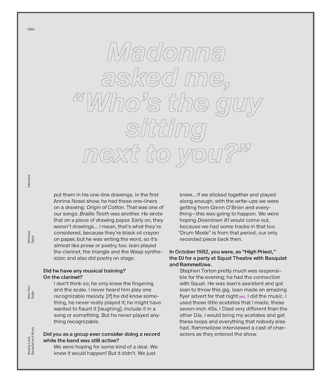 Text excerpt with a question about a person sitting next to Madonna, on a gray background.