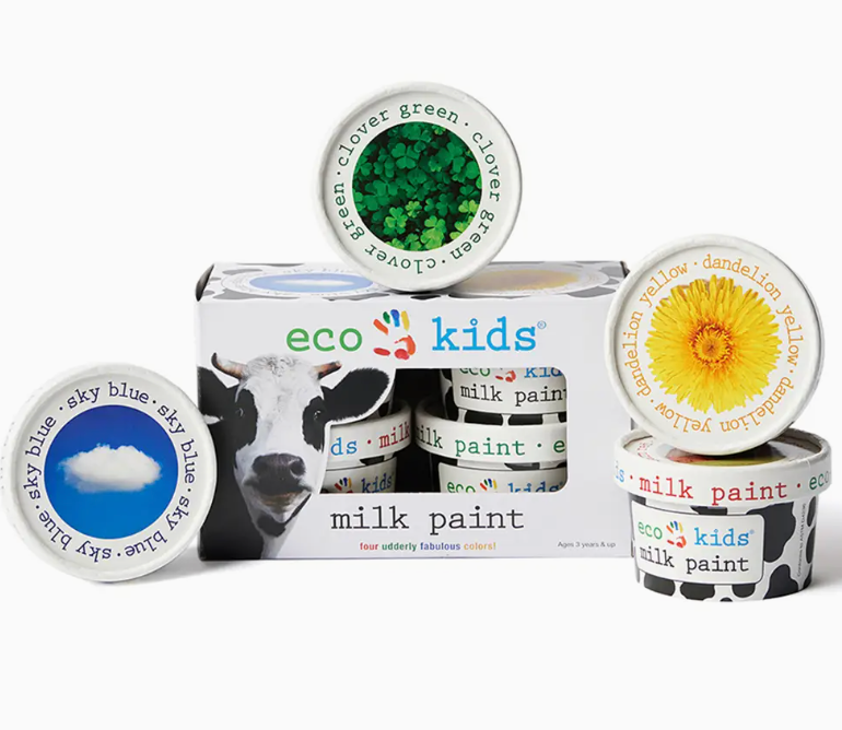 Cans of eco kids milk paint with colorful labels on a white background.