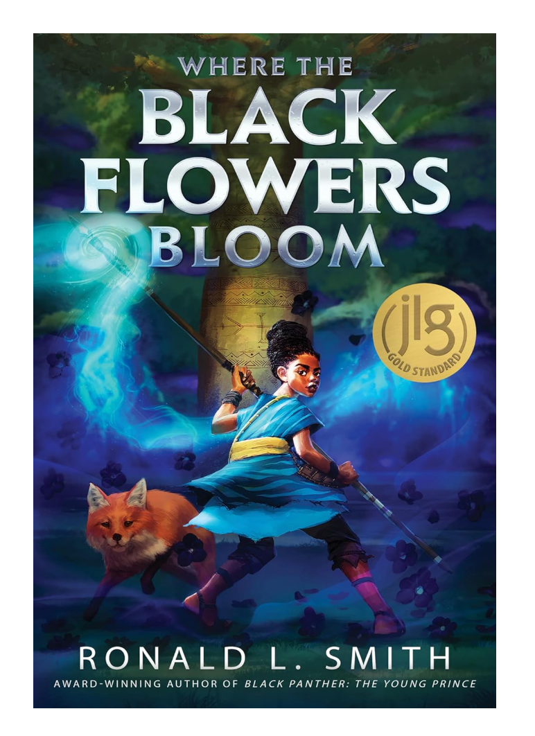 Book cover of 'Where the Black Flowers Bloom' with a young girl and fox on a dark background.