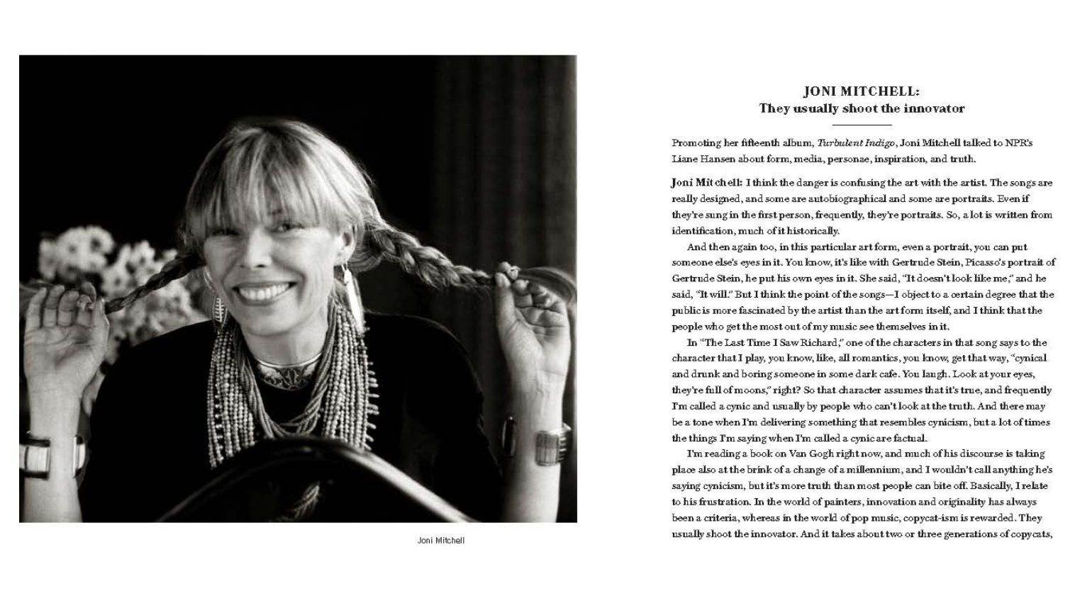 Black and white photo of Joni Mitchell with text on a magazine layout