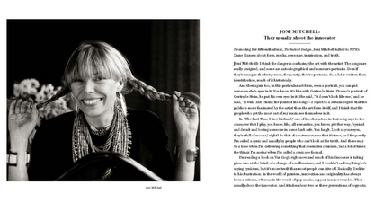Black and white photo of Joni Mitchell with text on a magazine layout