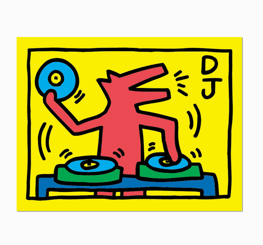 Colorful illustration of a red figure DJing on yellow background