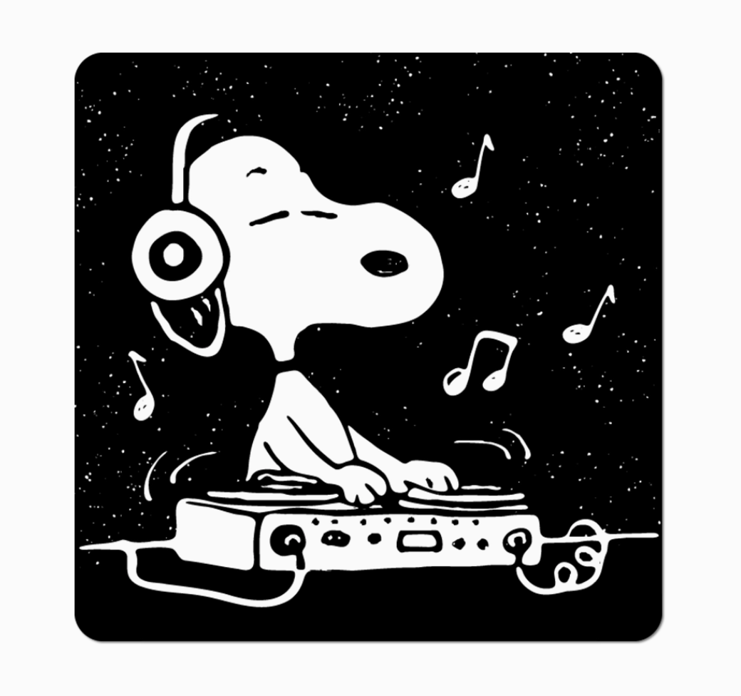 Snoopy as a DJ with headphones and turntables on a black background
