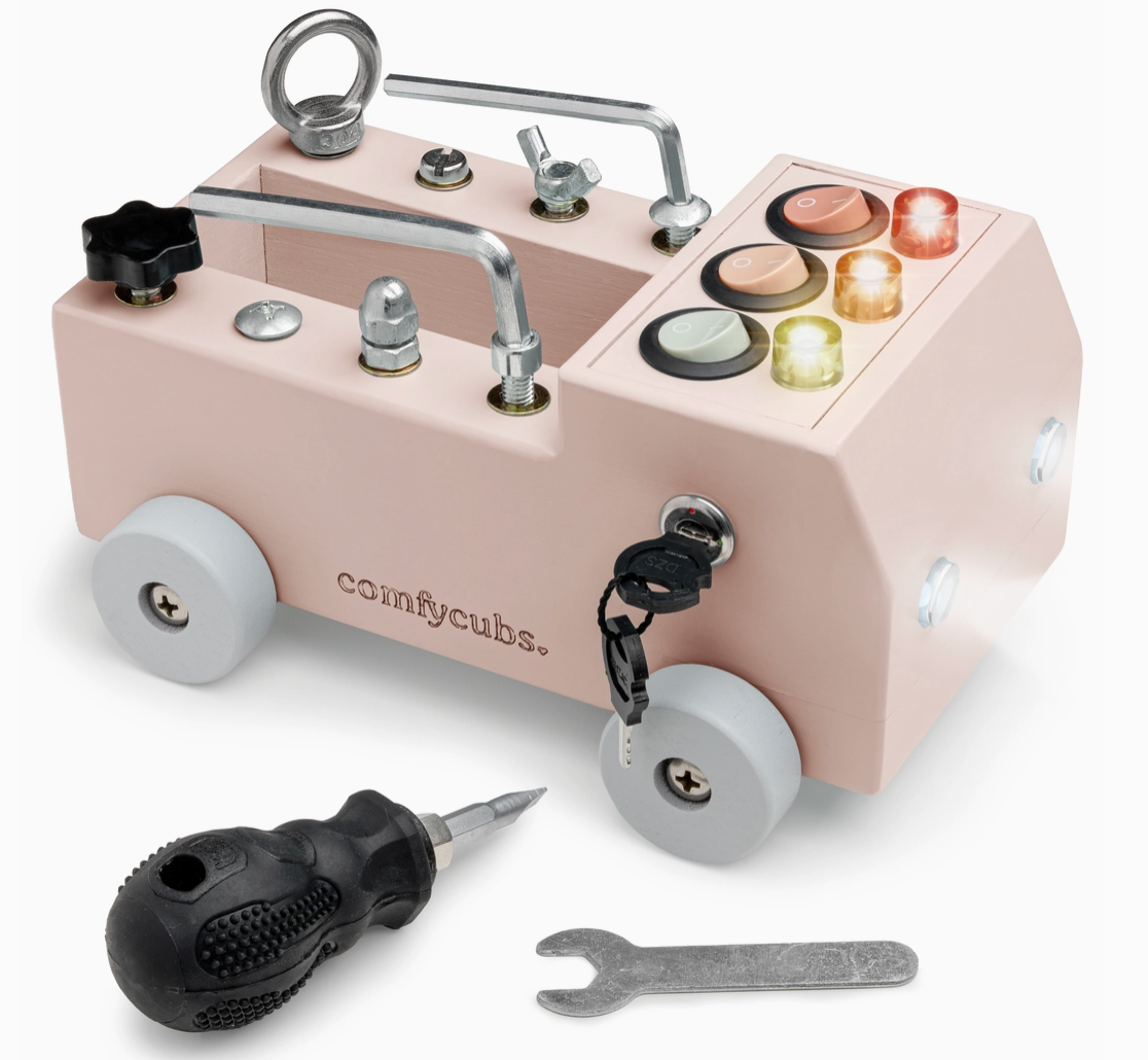 Children's truck toy construction set with tools on a white background.