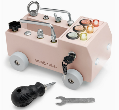 Children's truck toy construction set with tools on a white background.