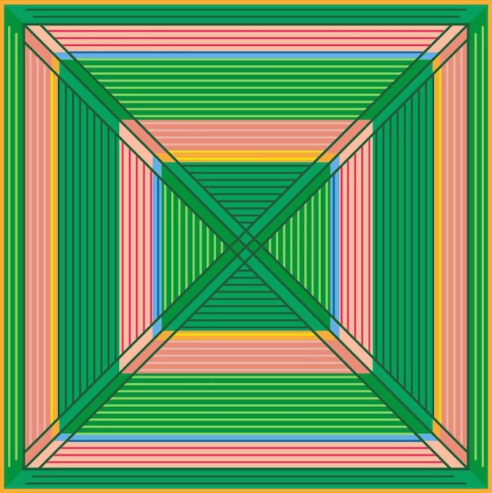 Colorful geometric pattern with intersecting lines on a green border