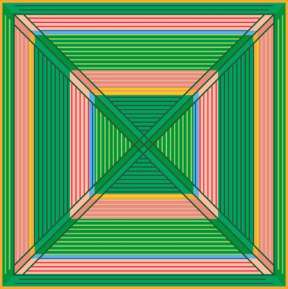Colorful geometric pattern with intersecting lines on a green border