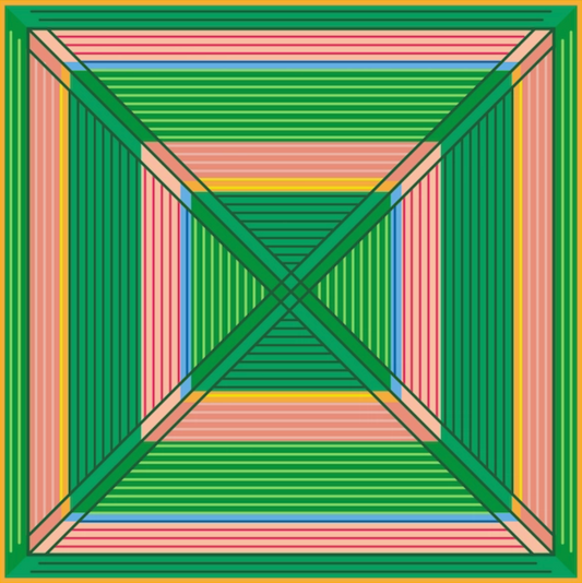 Colorful geometric pattern with intersecting lines on a green border