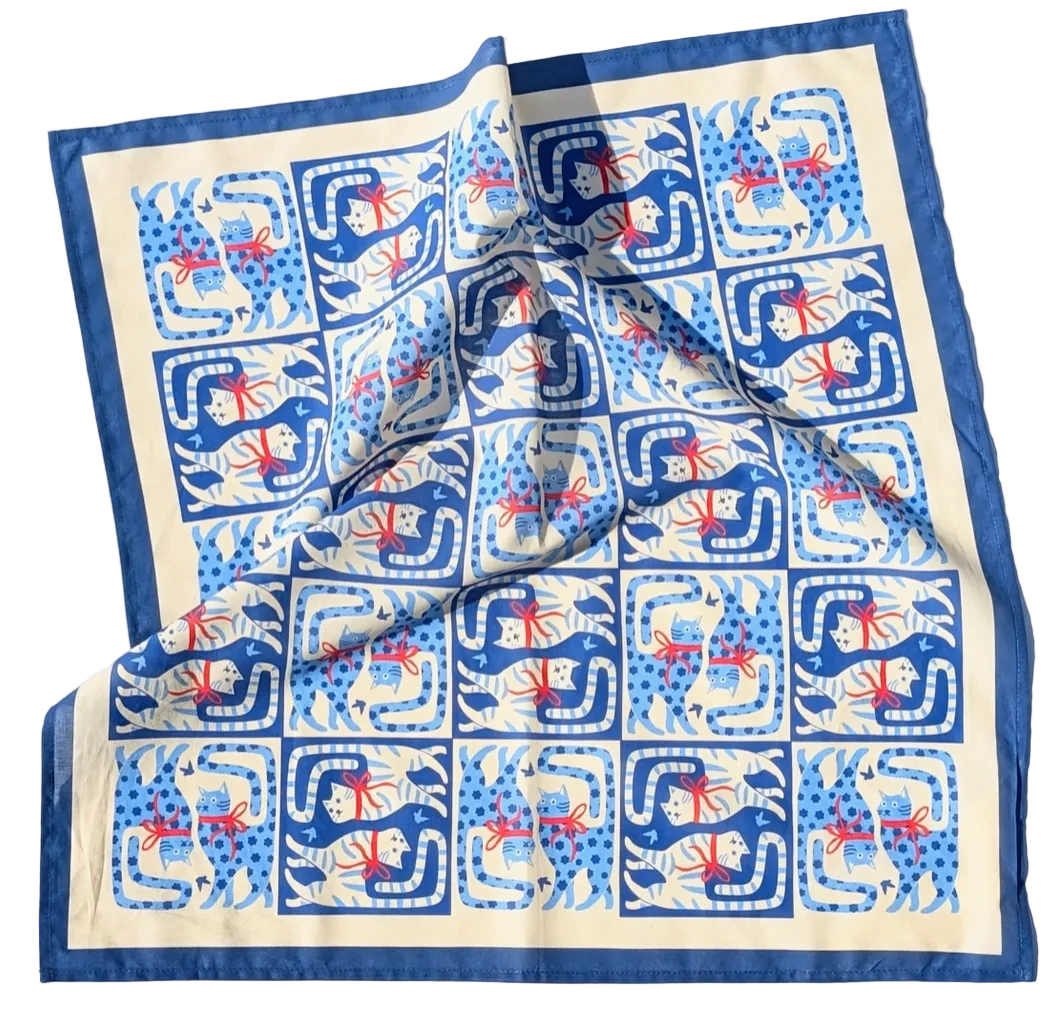 Bandana with blue and white color pattern of cats on a white background