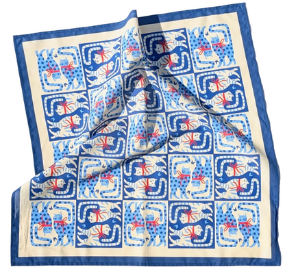 Bandana with blue and white color pattern of cats on a white background