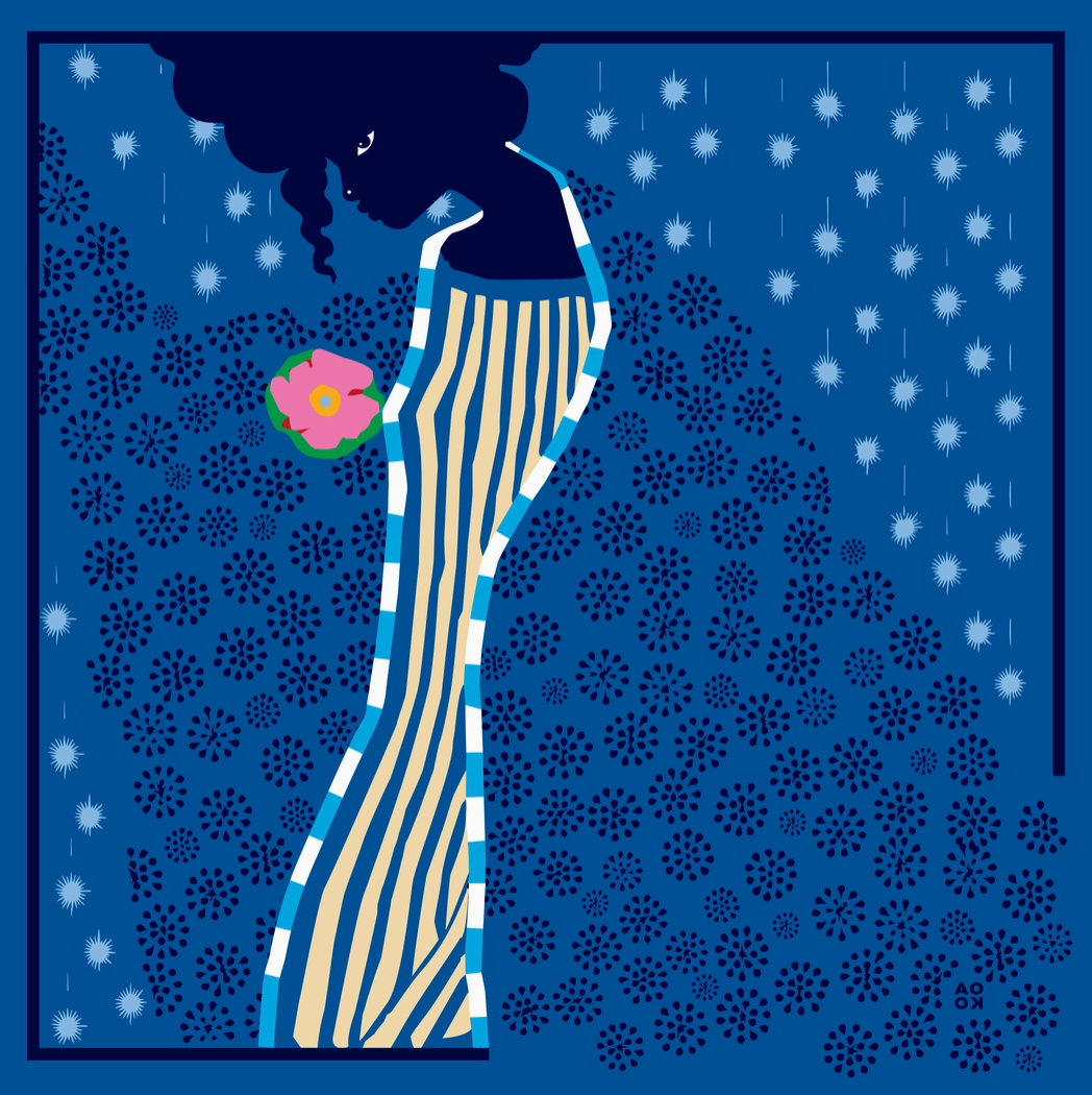 Silhouette of a woman in a striped dress holding a flower against a blue patterned background