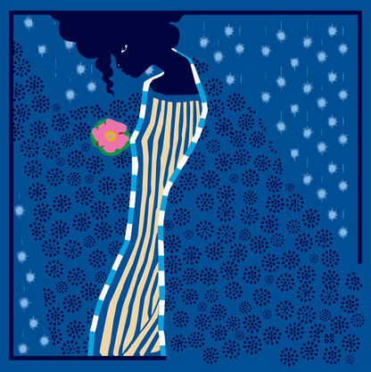 Silhouette of a woman in a striped dress holding a flower against a blue patterned background