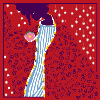 Illustration of a woman holding a flower against a red patterned background