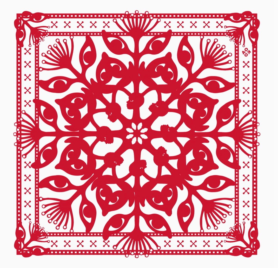 Red floral pattern with decorative border on a white background
