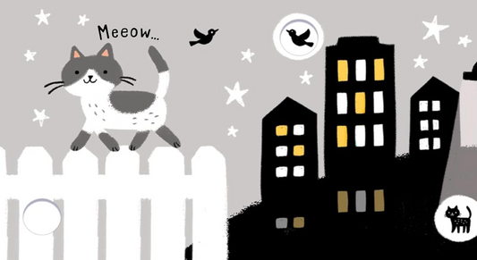 Illustration of a cat on a fence with buildings and stars in the background