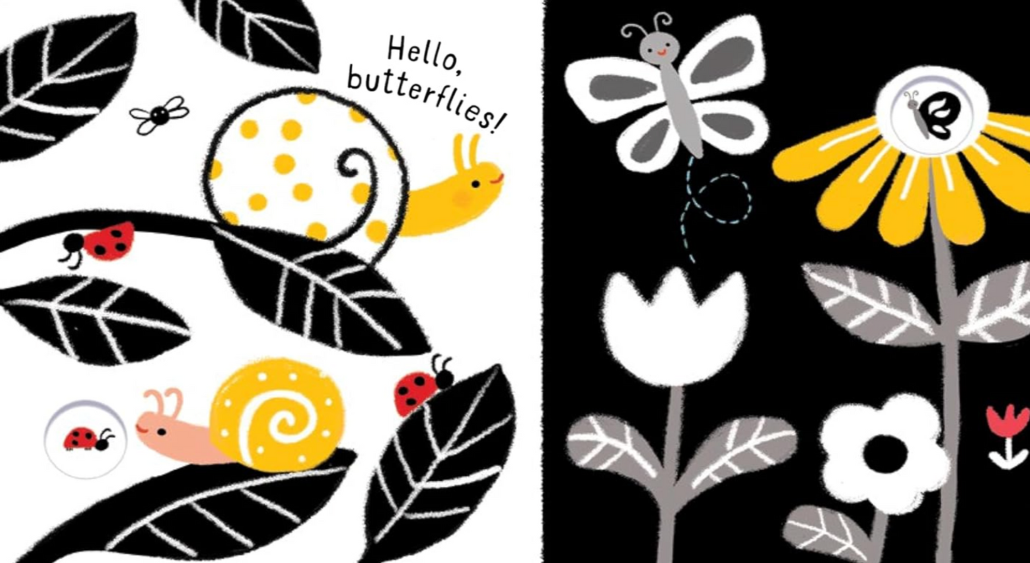 Children's book page with illustrations of snails, flowers, and text on a black and white background.